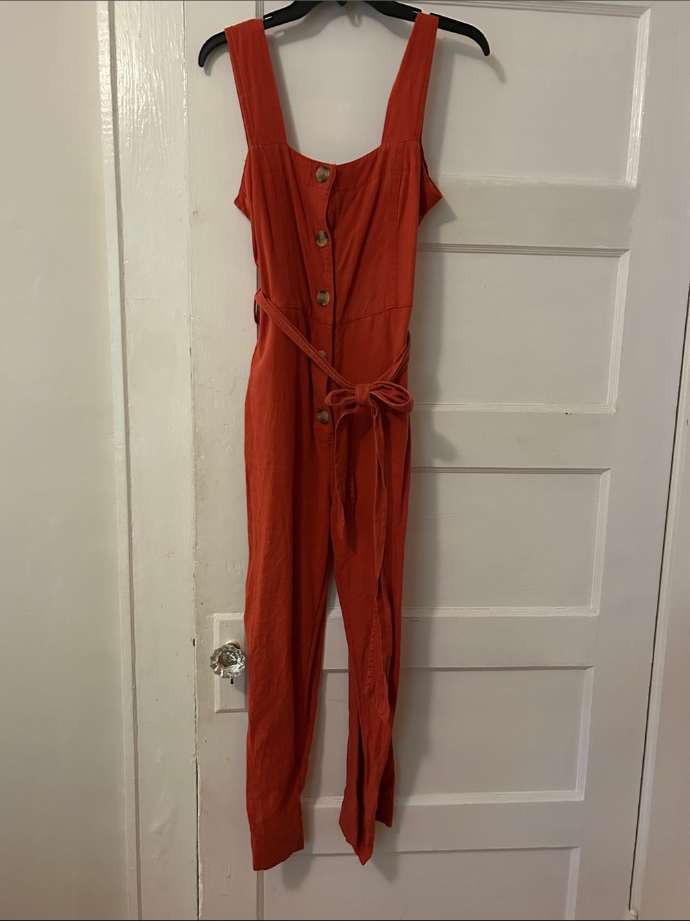 Sleeveless Button-Front Tie-Waist Rust Jumpsuit
